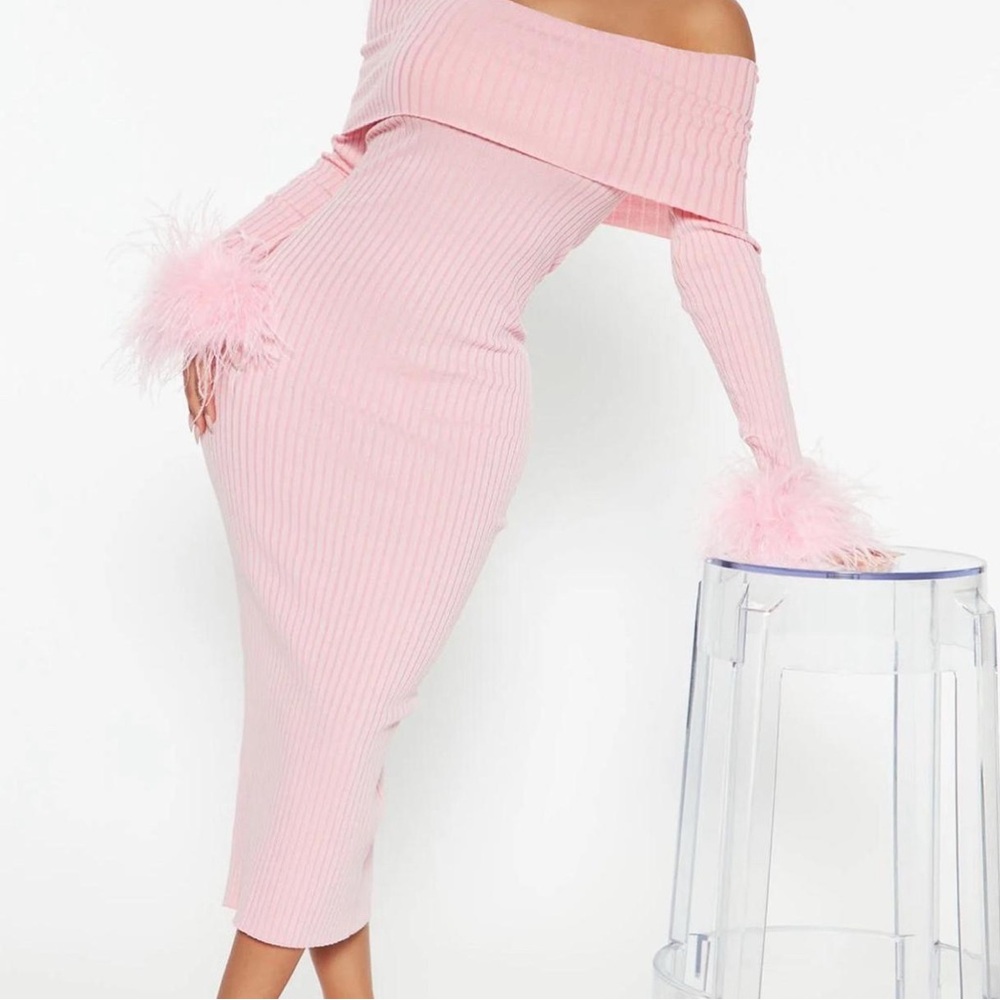 Pink off shoulder feather dress